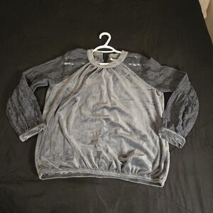 Good Hart Blouse Womens Medium Gray Velour Lace Balloon Long Sleeve Top Romantic